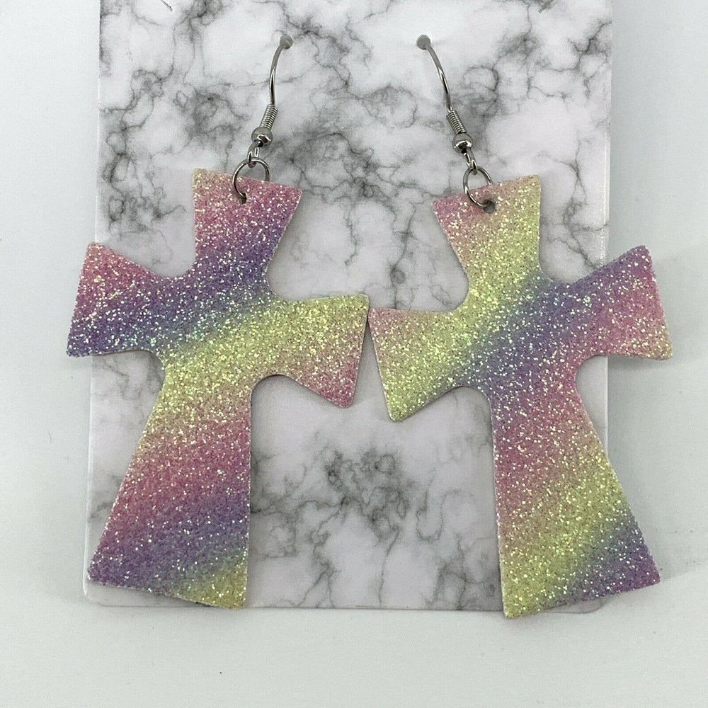 Glitter Cross Pastel Rainbow Earrings Leather